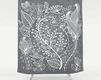 Floral Shower Curtain, Gray Shower Curtain, White Flower Bath Decor, Floral Bathroom Accessories, Elegant Bathroom, Grey Bathroom Flowers