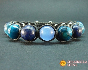 Natural blue stone Mix beads bracelet Blue gemstone jewelry Healing energy bracelet Woven unisex bracelet Dark blue beads Unisex gift idea