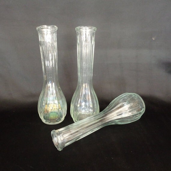 3 Vintage Clear Glass Ribbed Bud Vases 1 PGC 2 CFG