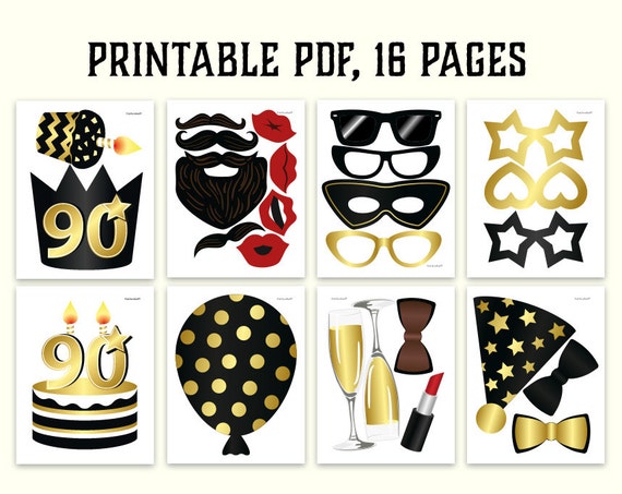 90th birthday photo booth props printable PDF. Black and gold