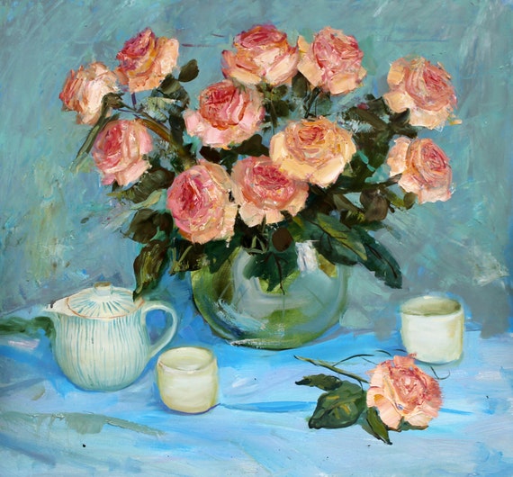 Original oil rose painting Bunch of peach roses Bright