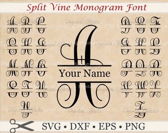 SPLIT VINE Monogram Svg, Eps, Png, Dxf Files; Split Monogram SVG,Silhouette Files, Cricut, Svg Files, Split Letter Vine Monogram Font Svg