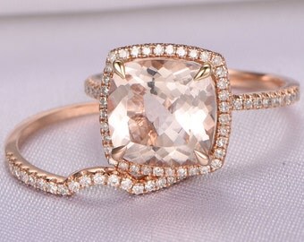 Morganite Engagement Ring Set,14k Rose gold morganite ring,9x9mm Cushion Cut Pink Stone,Curved Diamond Wedding Band,Bridal Set,Wedding Ring