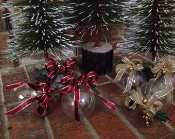 6 Handmade Vintage Ornaments, Clear Glass with Ribbons and Berries, Burgundy or Gold