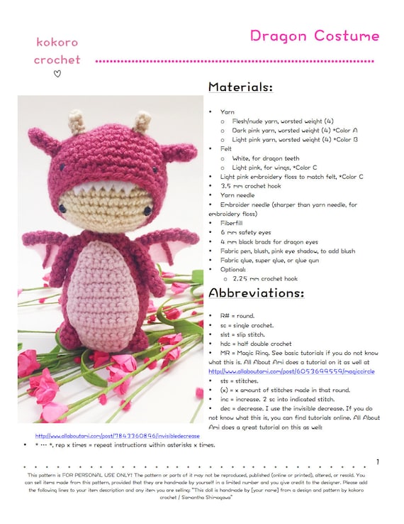 Kid in Dragon Costume/Suit Amigurumi - PDF Pattern from ...