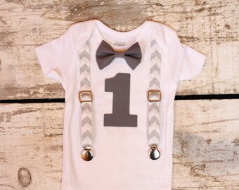 Baby Boy First Birthday Outfit| Smash Cake Outfit| Baby Boy 1st Birthday Outfit| Bowtie and Suspenders| Gray Chevron and Gray