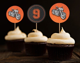 Motorcycle Biker Birthday Cupcake Toppers, Vintage Motorcycle Birthday, Harley Cupcake Toppers, Harley Davidson Birthday - Printable