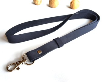 Navy blue leather lanyard, neck keychain, ID badge holder, leather lanyard mogstore, cute lanyards, lanyard for men