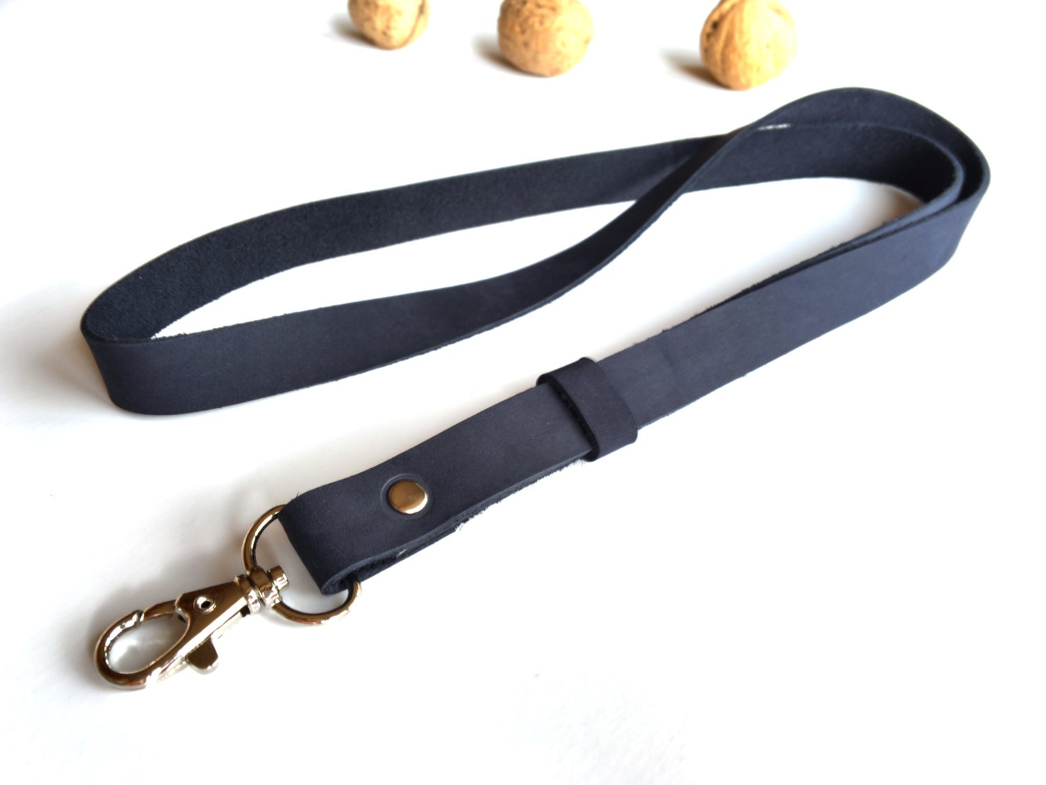 Navy blue leather lanyard neck keychain ID badge holder