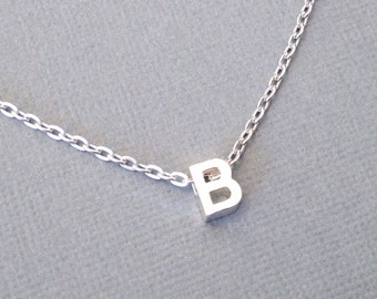 Block Letter Necklace, Initial Pendant, Personalized Jewelry, Small Uppercase Alphabet Bead, Minimalist, Tiny Charm, Silver Plated