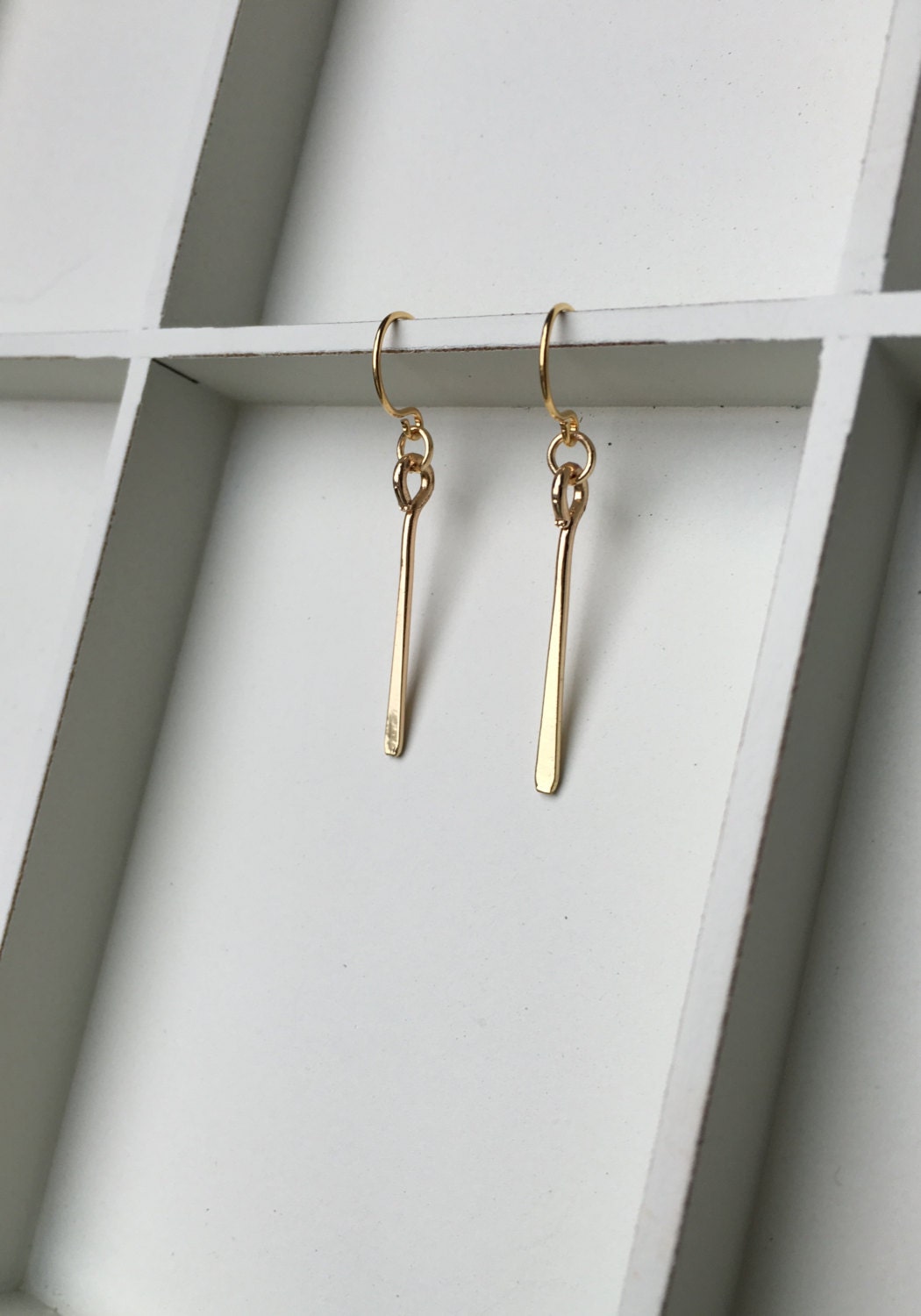 Ships free/ Tiny Gold Bar Drop Earrings by EmeraldElements on Etsy