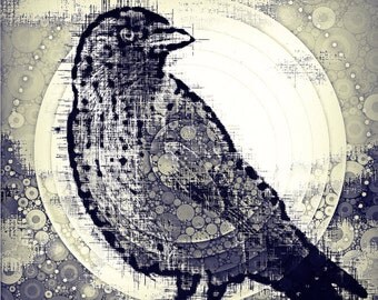 Black and white print with crow and dots