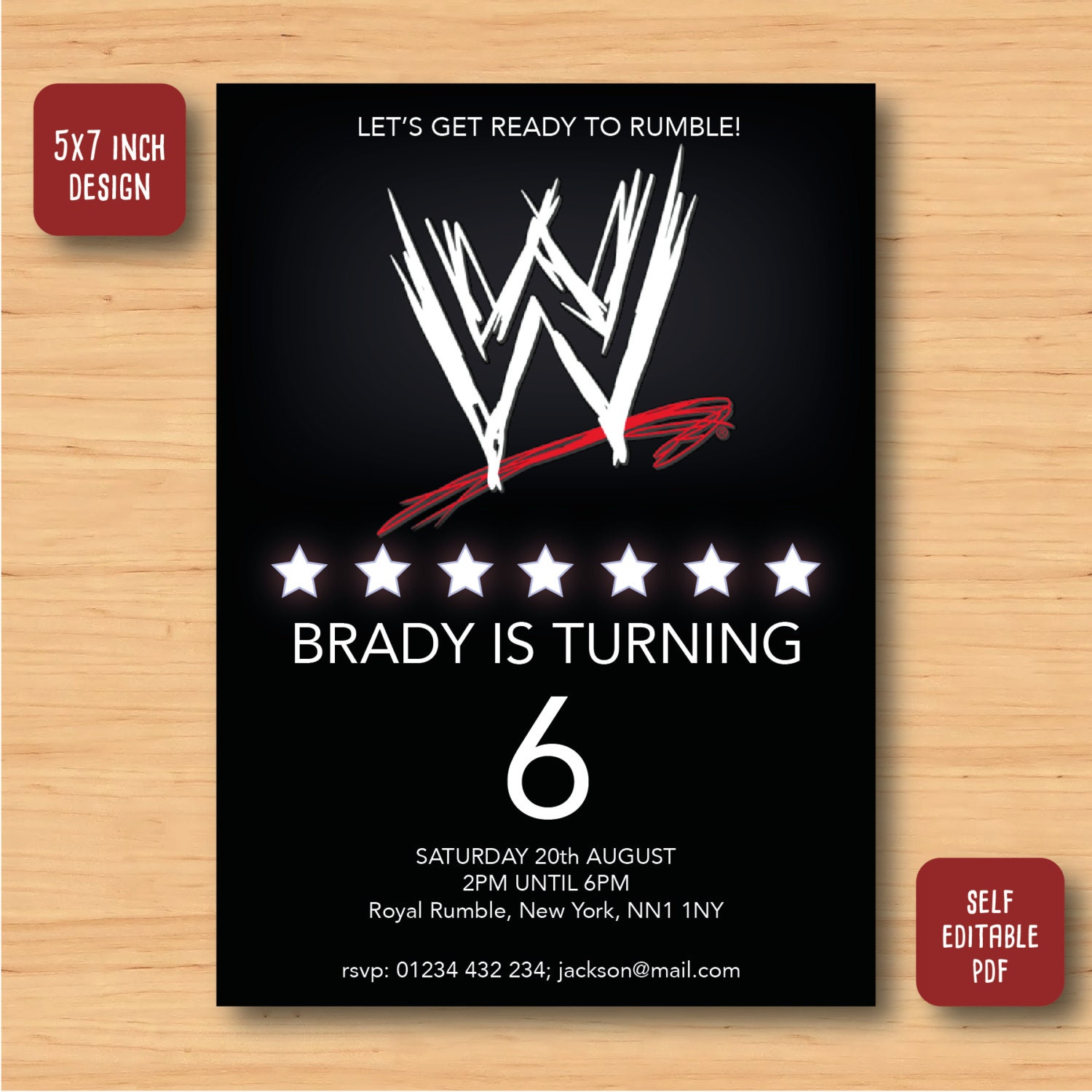wwe wrestling birthday invitation SELF EDITABLE PDF 5 x 7