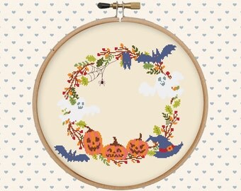 Halloween cross stitch pattern pdf - instant download - wreath cross stitch - autumn, fall, nature, leaves, bat, pumpkins, ghosts
