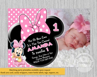 Cute Baby Minnie Mouse Birthday Invitations, Baby Minnie 1st Birthday Photo Party Invitations, DIY Printable, Baby Minnie Party Supplies
