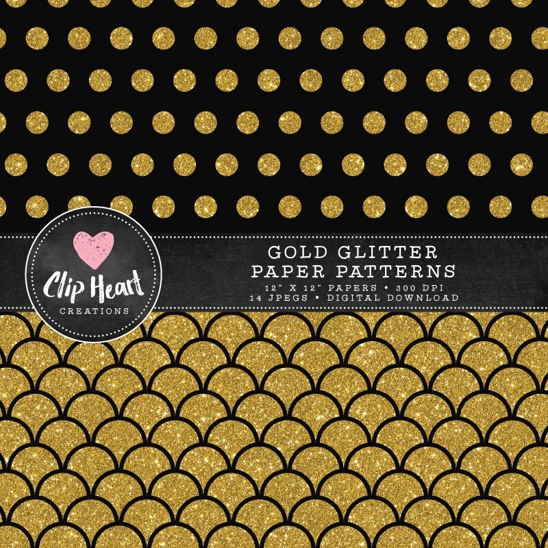 14 Gold and Black Glitter Pattern Papers, Commercial use, Digital Paper