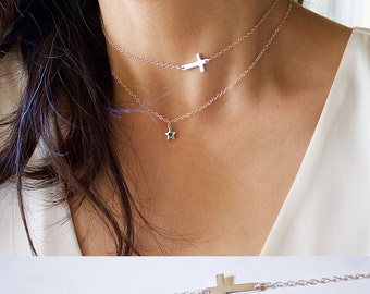 Cross Necklace//Cross Choker Necklace// Cross Sideways Necklace// Celebrity sideway Cross Necklace//Everyday // Sterling Silver// Gold