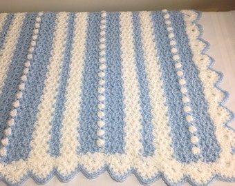 Crocheted Baby Blanket, Crochet, Baby Boy, Baby Shower Gift, Baby Gift, Striped Blanket, Blue, Shower Gift