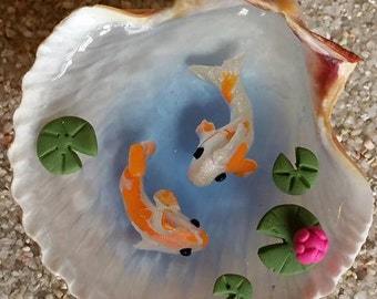 Miniature Koi Pond in Seashell, Fairy Garden Miniatures, Miniature Garden, Dollhouse Miniatures, Polymer Clay Koi, Fairy Garden Accessories