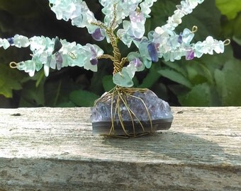 Genuine Green and Purple Fluorite Tree of Life Sculpture Wire Wrap Gold Colored Copper on Amethyst Cluster Boho Bohemian Decor