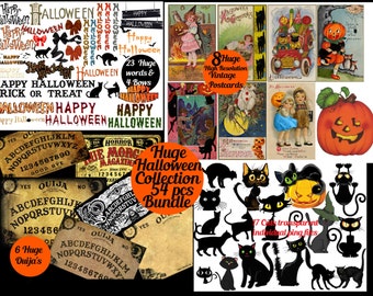 HUGE HALLOWEEN Bundle 54 images Ouija Boards, 17 Cats, 23 Logos, Bows, 8 High Resolution Vintage Halloween Postcards Clip Art & PRINTABLES