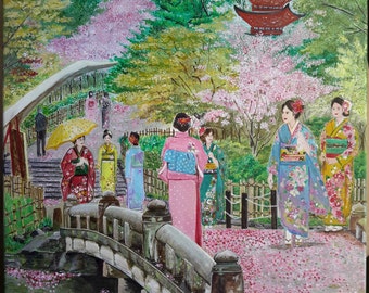 Spring In Japan - Original Acrylic Painting On Canvas - Japanese Landscape With Kimono And Cherry Blossom