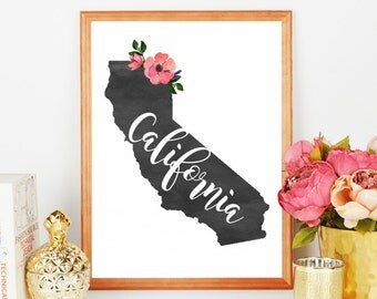 California Print, California decor, California wall art, Printables, Prints, Wall Art, Room decor, Decor, Floral California print, Black art