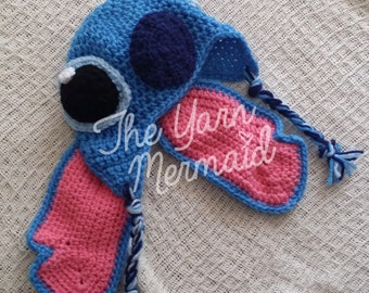 Stitch from Disney's Lilo and Stitch Crochet Hat Beanie with Ear Flaps, Newborn Baby Infant Photo Prop, Halloween Costume, Baby Shower Gift