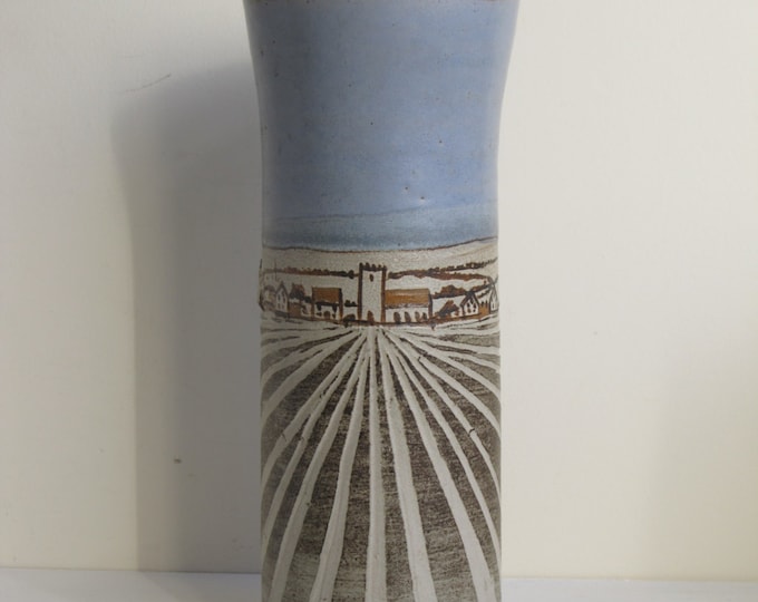 Studio pottery vase, English art pottery piece, Rural farmland village scene, plowed fields and cornflowers. home decor collectible