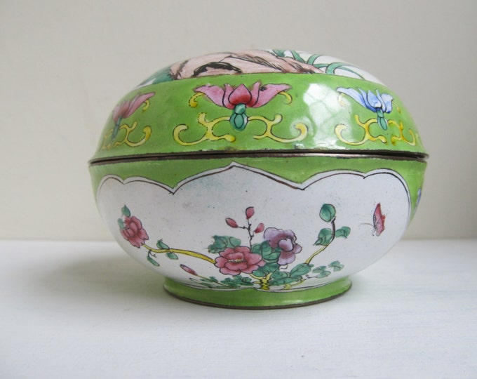 Chinese cloisonne box, Canton metal enamel box, handpainted vintage storage pot, famille verte jewelry trinket powder pot