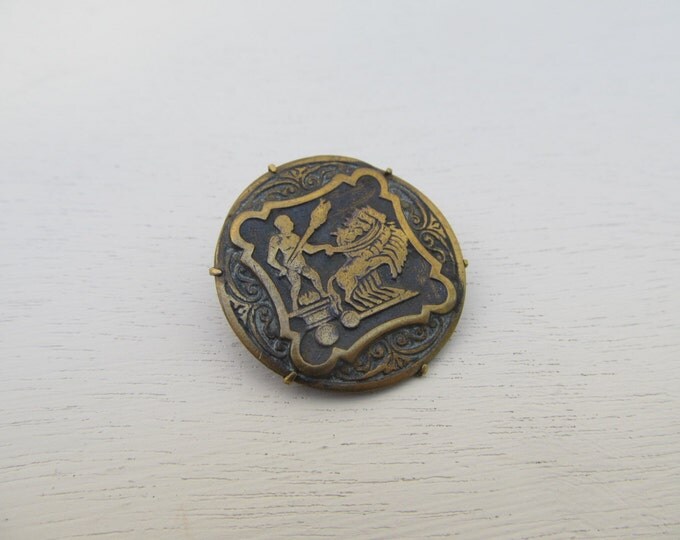 Antique brass Roman chariot brooch, antique brass pin, deeds of Hercules, halting the horses of Mars