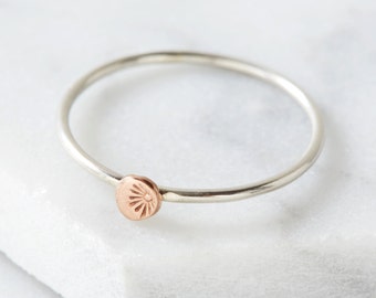 Rose gold and silver stacking ring with starburst detail