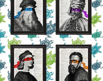 4 Print Pack Leonardo, Donatello, Raphael, Michelangelo, Heroes in a Halfshell parody Renaissance Ninja Turtle mask tmnt Home Decor wall art
