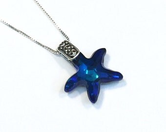 Bermuda Blue Crystal Starfish Sterling Silver Necklace