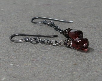 Garnet Dangle Earrings January Birthstone Oxidized Sterling Silver Chain Earrings