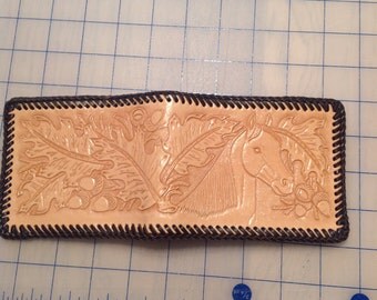 Hand Tooled Leather Horse Head & Oak Leaves Wallet
