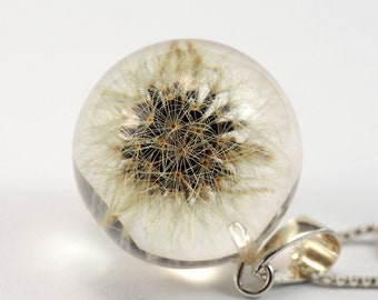 Whole Dandelion Pendant, Medium Resin Round with Sterling Silver Chain