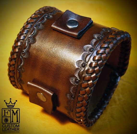 Leather cuff Bracelet Brown Vintage style braided edge, hand tooled, Fine quality Made for YOU in NYC by Freddie Matara