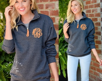Monogrammed Pullover with Quarter Zip - Monogram Sweatshirt, Monogram Pullover, College Student Gift, College Colors, School Colors