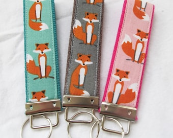 KeyFob Key Chain Wristlet in - Fancy Foxes in Teal, Gray or Pink - Fabric Keychain