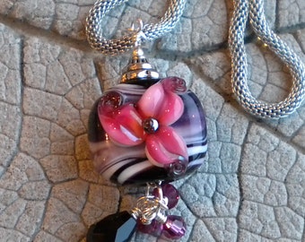 SALE 30% Off Black White Pink FLORAL Focal Pendant Lampwork Beads by Cherie Sra R114 Flamework Floral Lampwork Pendant Pink Floral Lampwork
