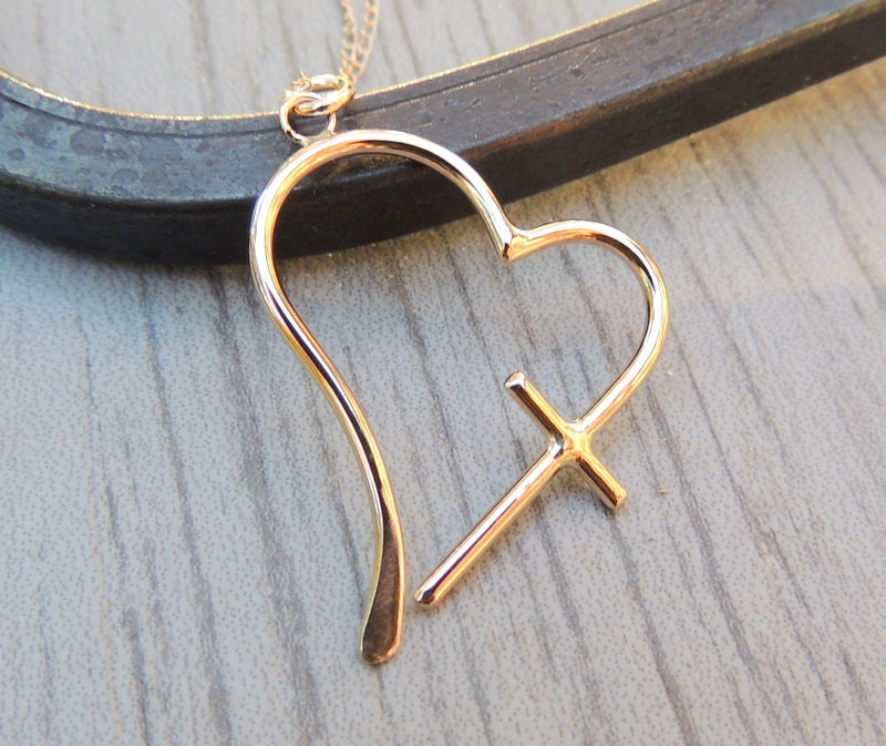 Gold Heart Cross Charm Necklace 14K Gold Necklace