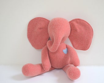Handmade Elephant stuffed doll Heirloom gift eco toy Salmon pink vintage wool soft fabric doll Baby shower gift idea bubynoa Best Friend