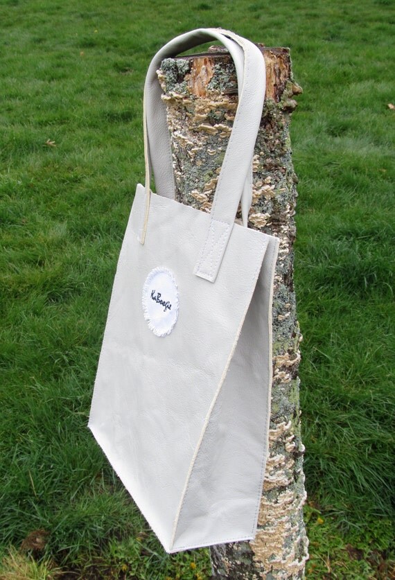 Gray Leather Embroidered Applique Tote Shoulder Bag by KaBoogie