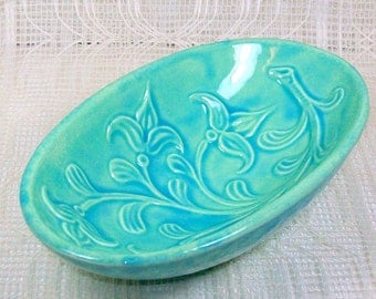 Oval Aqua Dish with Textured Flowers - Handmade Ceramic