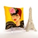 new.. MANON PARIS PILLOW, hand painted pillow, veil hat, French girl, gift for her, stocking stuffer, mustard, Paris, Paris quote