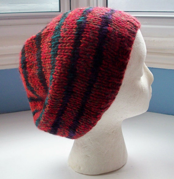 Unisex beanie hat multi yarn handspun hand knitted Classic design Contemporary colours red black multi stripes