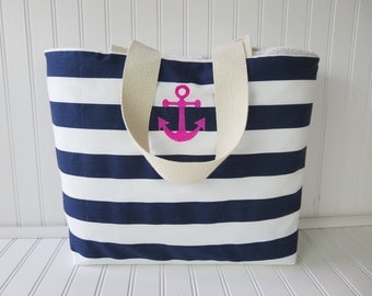 Items similar to Monogrammed Pink Anchor Beach Bag-Large Size-Nautical ...