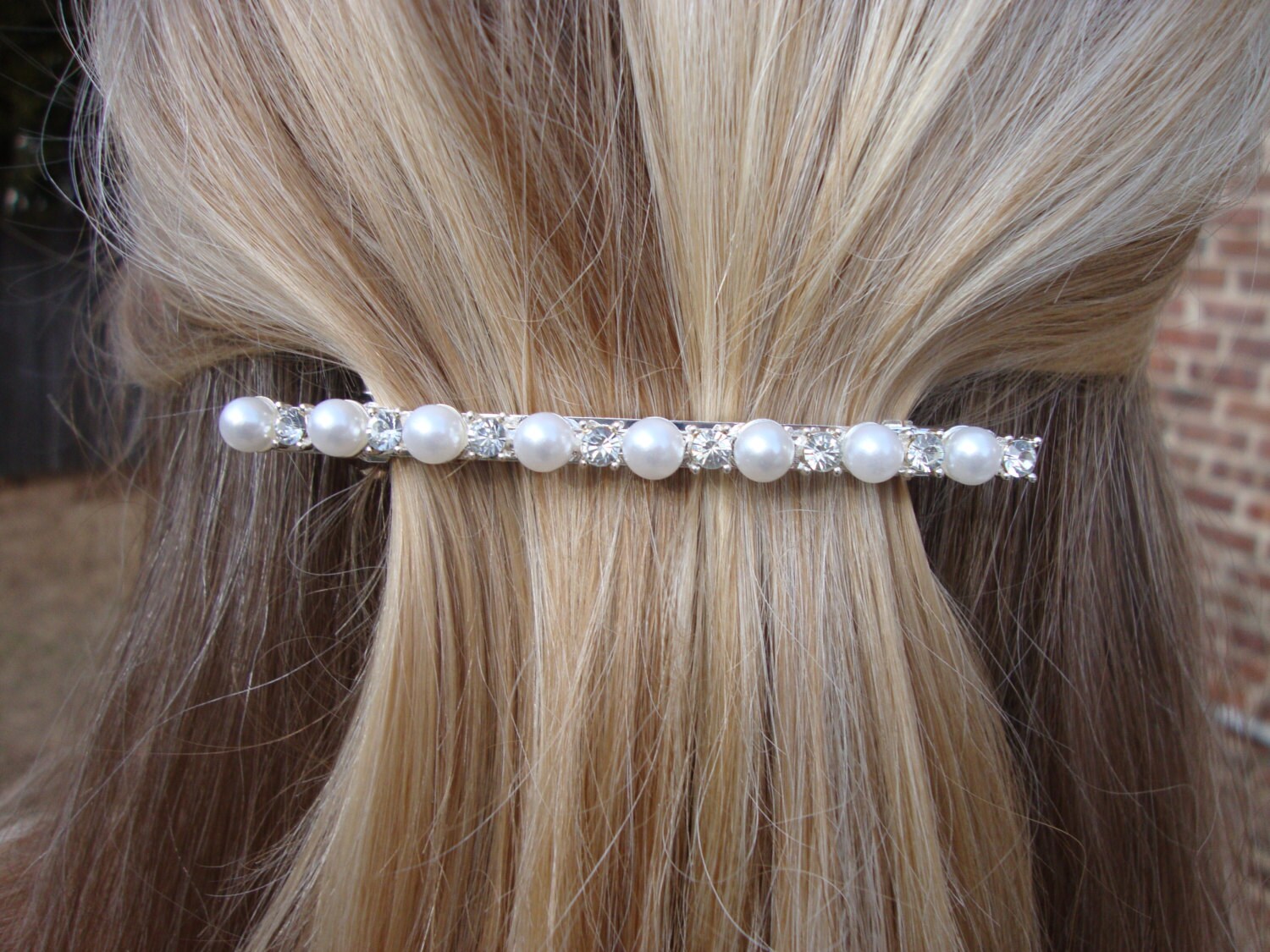 Elegant Pearl & Clear Rhinestone Barrette small hair clip