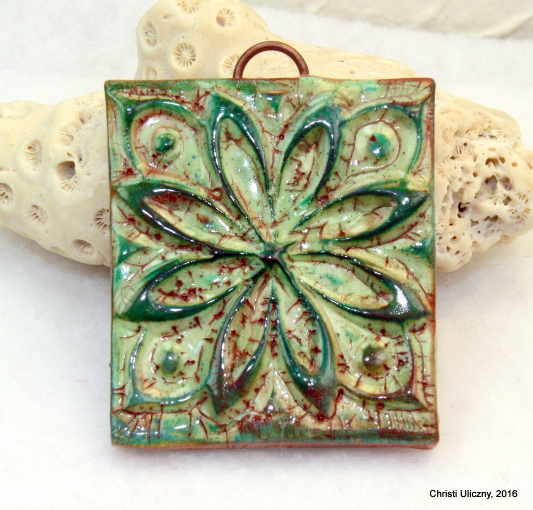 Polymer clay Handmade faux ceramic tile pendant Focal